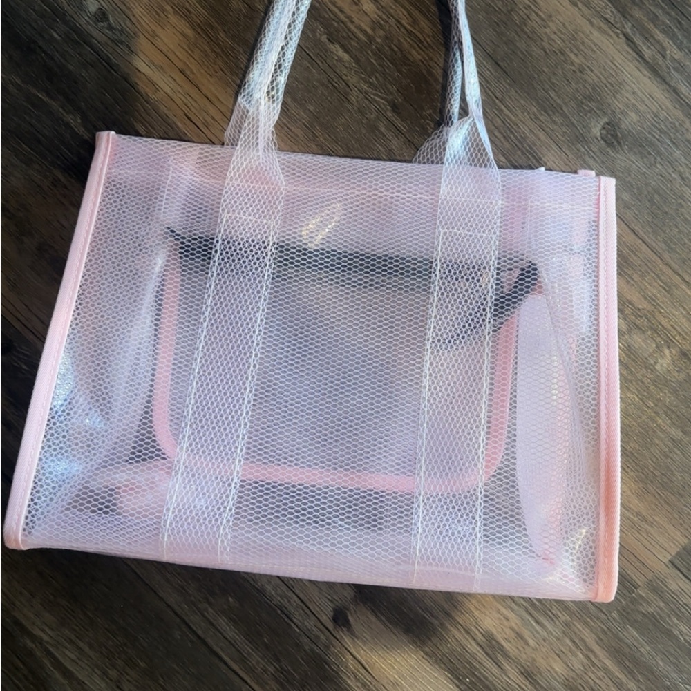 Clear Mesh Tote Bag with Pink Trim